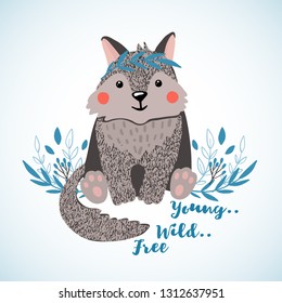 Cute hand drawn little wolf isolated on white background. Baby shower. Nursery concept. Design element for poster, banner, t-shirt and other. Vector illustration.