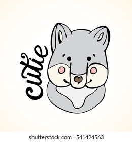 Cute hand drawn little wolf with hand lettered word cutie. Vector illustration for your graphic design.