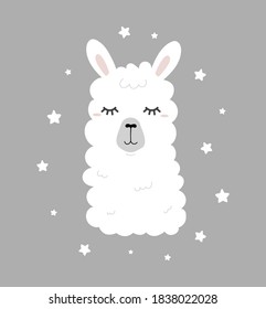 Cute hand drawn llama with closed eyes and stars in scandinavian style. Sweet dreams poster design for nursery, baby shower, card, invitation etc. Alpaca character in flat style vector illustration