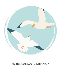 Cute hand drawn logo or icon vector with flying seagull, illustration on circle for social media story and highlights