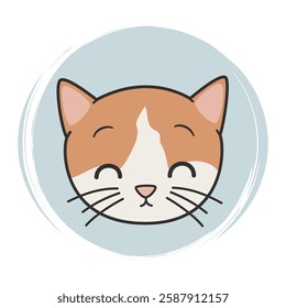 Cute hand drawn logo or icon vector with cartoon character smiling cat, illustration on blue circle with brush texture, for social media story and highlights