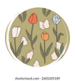 Cute hand drawn logo or icon vector with colorful tulips and easter eggs, illustration on circle with brush texture, for social media story and highlights