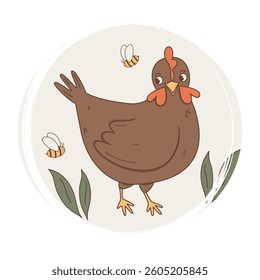 Cute hand drawn logo or icon vector with brown hen and bee, illustration on circle with brush texture, for social media story and highlights