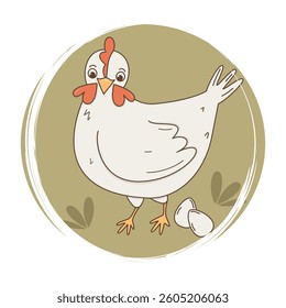 Cute hand drawn logo or icon vector with white hen and easter eggs in the meadow, illustration on circle with brush texture, for social media story and highlights