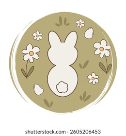 Cute hand drawn logo or icon vector with white easter bunny and eggs in the meadow, illustration on circle with brush texture, for social media story and highlights