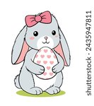 Cute Hand Drawn Long Ears Easter Bunny Rabbit Hugging Egg