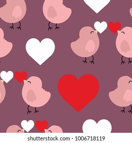 Cute hand drawn love bird with hearts doodles. Pink birds with red and white hearts over a purple background. Flat artwork style
