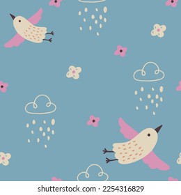cute hand drawn love pattern for wrapping paper with white birds on blue background