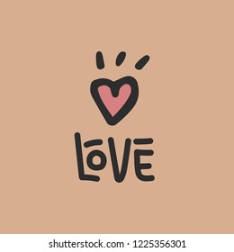 Cute hand drawn Love text with comic heart .Valentine's day greeting card template. Vector illustration.