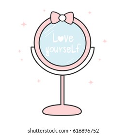 cute hand drawn love yourself lettering inspirational quote on pink lovely cartoon mirror vector illustration