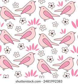 cute hand drawn lovely colorful seamless vector pattern background illustration with pink birds, grass and daisy flowers