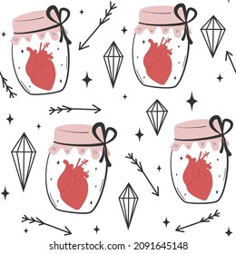 cute hand drawn lovely Valentine’s day romantic seamless vector pattern background illustration with human heart inside mason jar, diamonds, stars and arrows