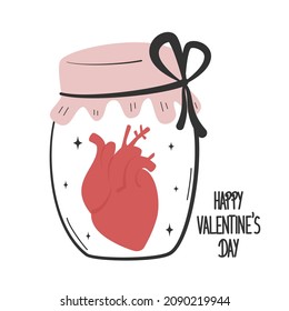 cute hand drawn lovely lettering happy Valentine’s day romantic text with human heart inside mason jar concept greeting card vector illustration 