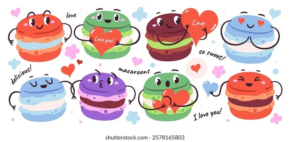 Cute hand drawn macaroons cake and lovely couples characters with funny faces falling in love, showcasing romantic feelings vector illustration. Fancy sweet bakery and positive pastry doodle set