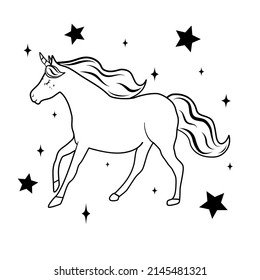 cute hand drawn magic and adorable beautiful black and white cartoon character unicorn vector illustration for coloring art	