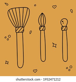 Cute hand drawn make up brushes for powder, eyeshadow, blusher, rouge, lipstick, concealer, highlighter, bronzer, foundation for face. Vector doodle illustration about beauty care and cosmetics.