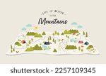 Cute hand drawn map with mountains, tents, trees, hills. 3d illustrated landscape, adventure - great for banners, wallpapers, cards. 
