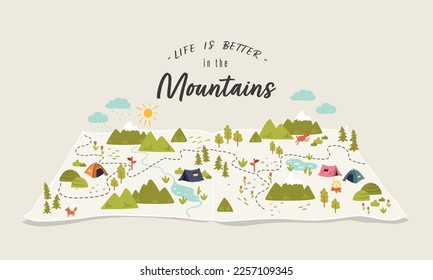 Cute hand drawn map with mountains, tents, trees, hills. 3d illustrated landscape, adventure - great for banners, wallpapers, cards. 