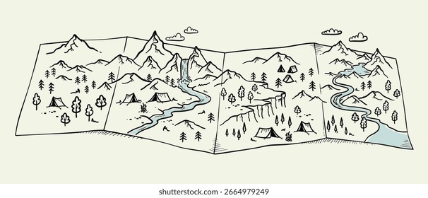 Lindo mapa dibujado a mano con montañas, tiendas de campaña, árboles, colinas. paisaje ilustrado, aventura - ideal para Anuncios, Fondos de pantalla, tarjetas. 
