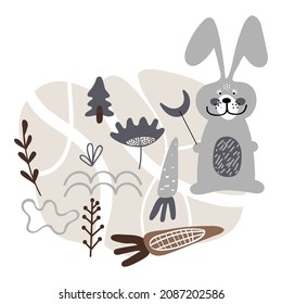 Cute hand drawn map in scandinavian style. Road in forest and various doodle wild rabbits, hares and plants. Vector illustration. Carrot, healthy food