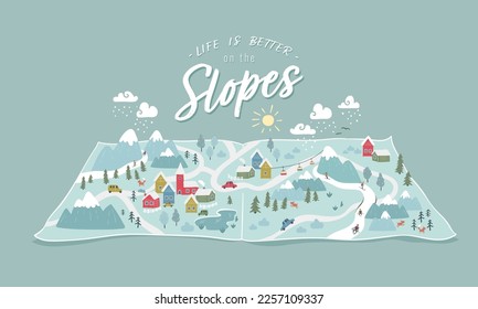 Cute hand drawn map with snow, mountains, cute villages, slopes. 3d illustrated landscape, adventure - great for banners, wallpapers, cards. 