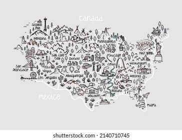 Cute Hand Drawn Map Of The USA, Landmarks, National Parks, Cities, Landscapes, Great For Banners, Wallpapers, Prints, Postcards - Vector Design