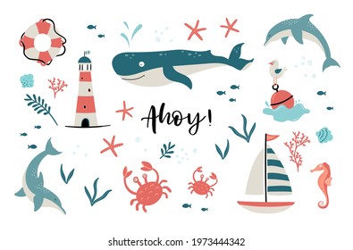 Cute hand drawn marine objects, lovely creatures, lighthouse, ship and decoration doodles great for children's textiles, banners, wallpapers, wrapping, swimsuits - vector design