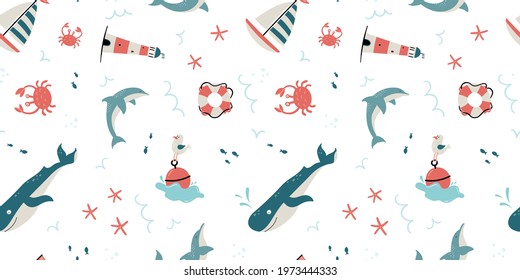 Cute hand drawn marine seamless pattern, lovely creatures, lighthouse, ship and decoration, background, great for children's textiles, banners, wallpapers, wrapping, swimsuits - vector design
