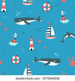 Cute hand drawn marine seamless pattern, lovely creatures, lighthouse, ship and decoration, background, great for children's textiles, banners, wallpapers, wrapping, swimsuits - vector design
