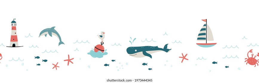 Cute hand drawn marine seamless pattern, lovely creatures, lighthouse, ship and decoration, background, great for children's textiles, banners, wallpapers, wrapping, swimsuits - vector design
