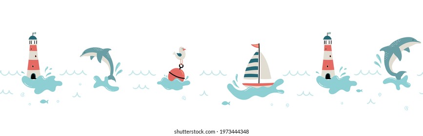 Cute hand drawn marine seamless pattern, lovely creatures, lighthouse, ship and decoration, background, great for children's textiles, banners, wallpapers, wrapping, swimsuits - vector design
