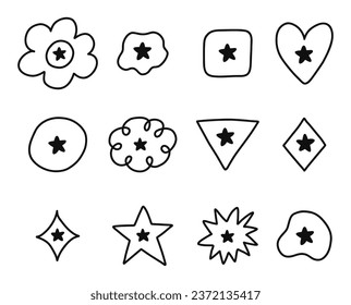 Klare, handgezeichnete Markierung für die Kugel-Zeitschrift. Tagebuchelemente mit Kästchen in Form von Blume, Stern, Herz, Kreis, Wolke. Zick-Stern als wichtiges Zeichen für Wochenplaner, Notebook-Vorlage