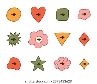 Cute hand drawn mark set for bullet journal. Diary note elements with checkboxes in the shape of flower, star, heart, circle, cloud. Tick arrow point as postpone sign for weekly planner, notebook
