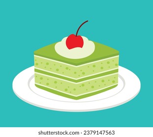 Cute hand drawn Matcha Green Tea Cake Piece on white plate with cherry topping pastry sweet food dessert cartoon vector illustration isolated for birthday party