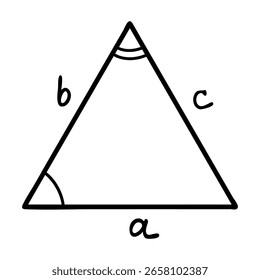 Lindo triángulo equilátero de matemáticas dibujado a mano con ángulos iguales marcados. Estilo de doodle geométrico perfecto para matemáticas, educación, carteles escolares, materiales de aprendizaje para niños y diseño creativo de STEM.