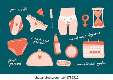 Cute hand drawn menstrual period objects on colorful background with lettering. Zero waste menstrual period concept. Decorative elements for design. Flat cratoon vector illustration.