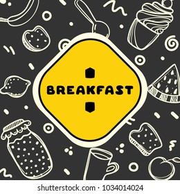 Cute hand drawn menu for cafe on food background. Linear doodle illustration.