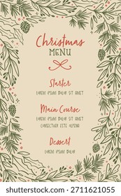 Cute hand drawn menu template for Christmas template with branches.