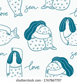 Cute hand drawn Mermaid. Seamless pattern with cute Mermaids. Ideal print for ceramics or textile decor. 