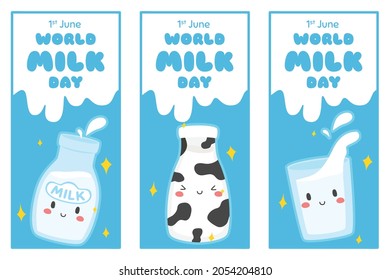 Cute hand drawn milk bottles, World Milk Day banner vector set