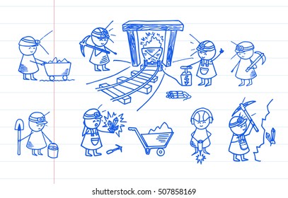 Cute hand drawn miner characters. Funny doodle miners set.  Vector background on notebook page.