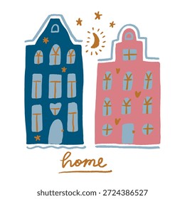 Lindo Conjunto Minimalista Dibujado A Mano De Arte De Línea Caprichoso Casas De Ciudad Europea Casas De Canal Holandesas Tradicionales Adorable Arquitectura De Ámsterdam. Bueno para los carteles Línea de gráficos educativos EPS Clipart