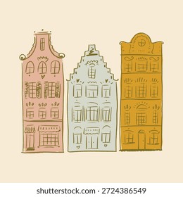 Lindo Conjunto Minimalista Dibujado A Mano De Arte De Línea Caprichoso Casas De Ciudad Europea Casas De Canal Holandesas Tradicionales Adorable Arquitectura De Ámsterdam. Bueno para los carteles Línea de gráficos educativos EPS Clipart