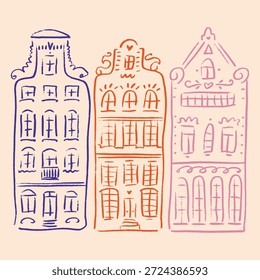 Lindo Conjunto Minimalista Dibujado A Mano De Arte De Línea Caprichoso Casas De Ciudad Europea Casas De Canal Holandesas Tradicionales Adorable Arquitectura De Ámsterdam. Bueno para los carteles Línea de gráficos educativos EPS Clipart