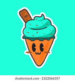 Cute Hand Drawn Mint Chip Ice Cream Character Vector Illustration