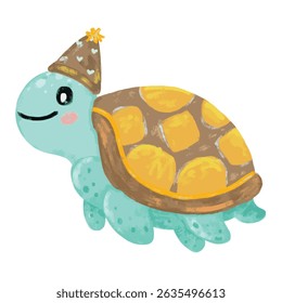 Cute hand drawn mint green turquoise pastel color turtle wearing birthday party hat doodle sea ocean beach animals illustration kids summer season celebration clipart crayon watercolour sticker