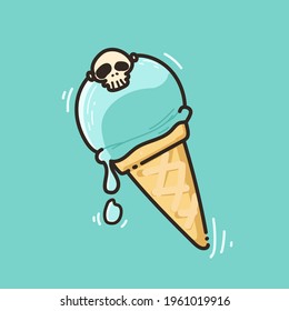 Cute hand drawn mint ice cream with skull head topping.