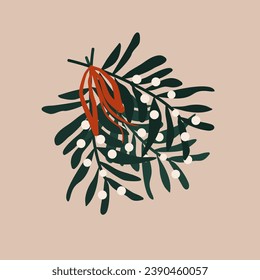 cute hand drawn mistletoe decoration with red bow vector illustration