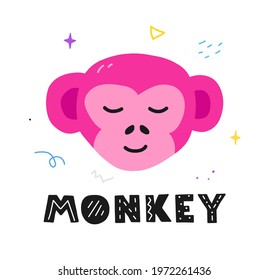 Cute hand drawn monkey with lettering. Flat vector illustration for kid design.