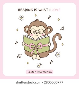 Cute Hand Drawn Monkey Reading Book Illustration with Typography Text Quote